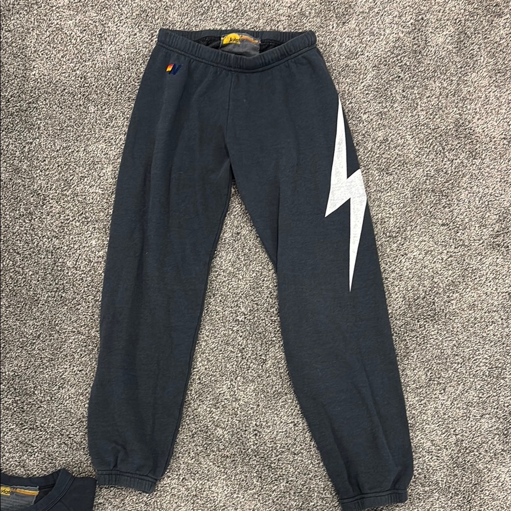 Aviator Nation Black Sweatpants with White Lightning Bolt